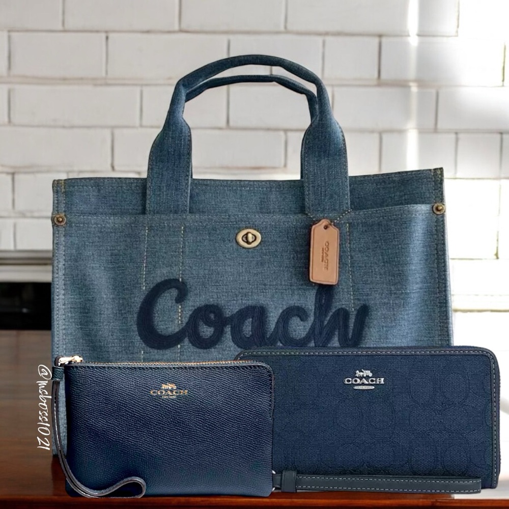 Coach TRIO Cargo Tote 26 in Blue Denim + Long Wallet + Small Wristlet SET
